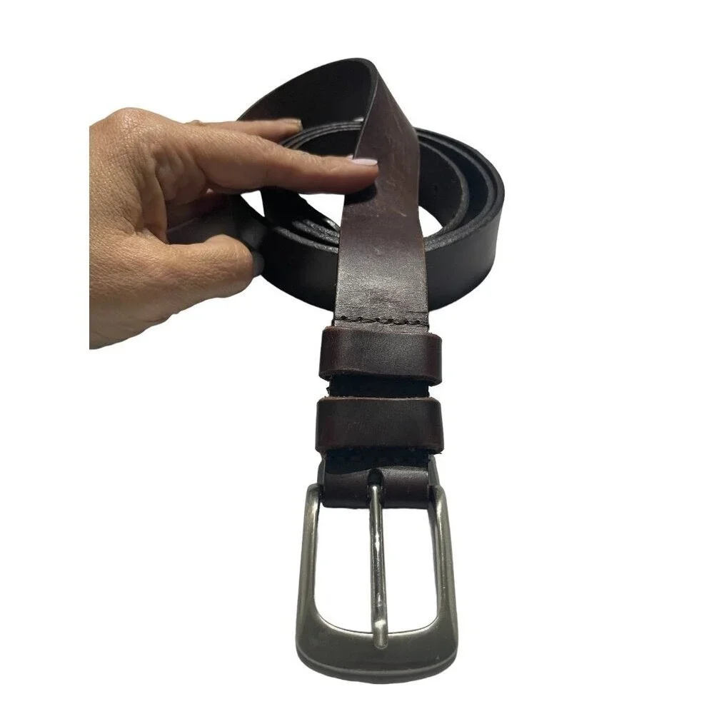 Mens Dark Brown Genuine Leather Belt Silver‎ Tone Buckle Casual Rugged Workwear
